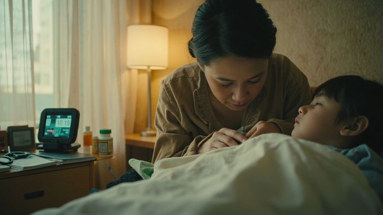 封面图：一位中年母亲在孩子床边专注地为女儿做护理动作，旁边安静地放着听诊器
