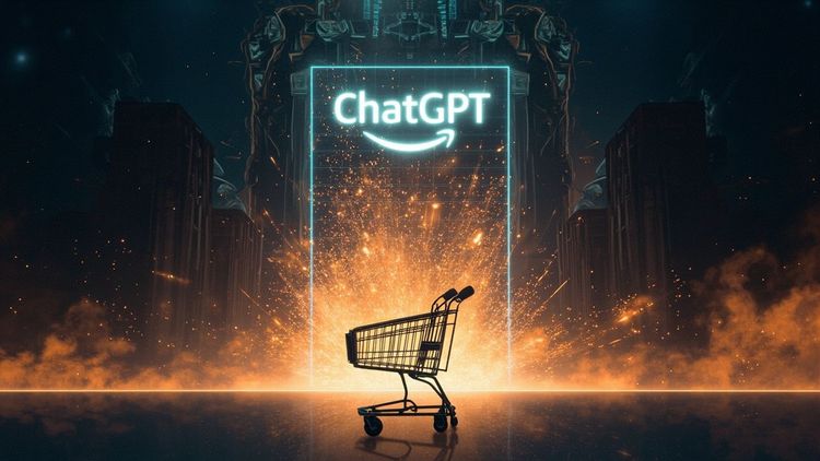 一边是带有 ChatGPT 标志的对话入口,一边是紧闭大门的亚马逊商店,中间被数据防火墙隔开