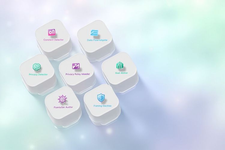 AppGuard MVP 功能架构:F1 权限画像 + F2 隐私政策体检 + F3 数据流向追溯 + F4 违规举报助手 + F5 实时异常提醒 + F6 家庭隐私仪表盘
