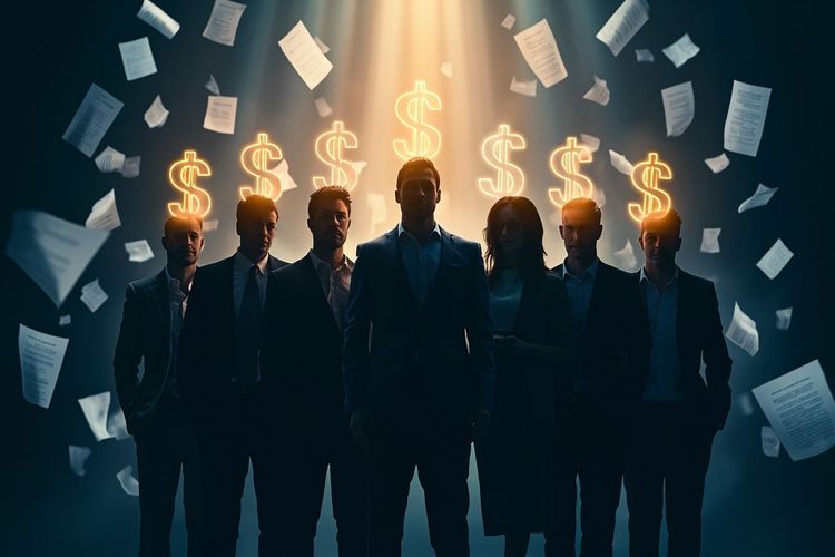 正文配图 1:6 个不同职业的美国工人剪影,每个人头顶悬浮着一个透明的美元符号,周围漂浮着法律文书