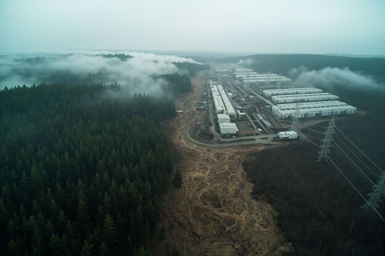 北欧林地与数据中心园区：完整云杉林、清林疤痕与输电铁塔同框