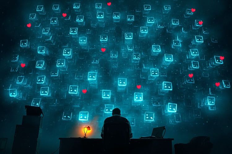 正文配图 2:一名小型办公室职员剪影面对一整面巨大的智能手机屏幕墙,屏幕上都是愤怒的表情和喊话气泡