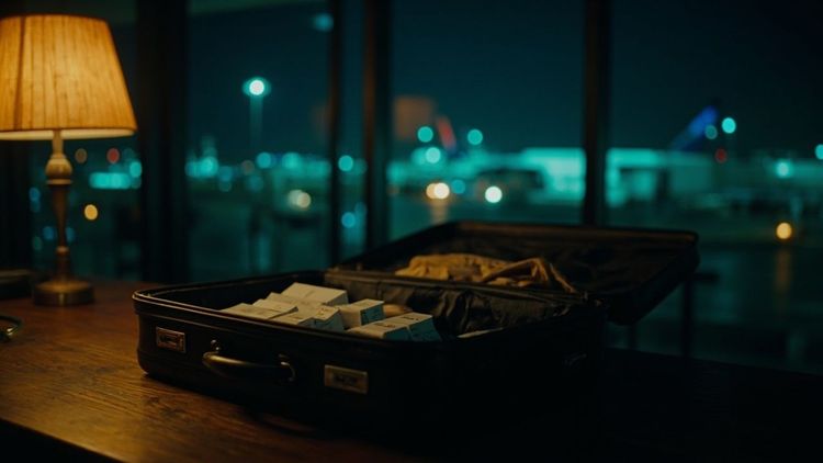 夜色中一只装着无字白色药盒的行李箱，窗外是机场跑道的灯光