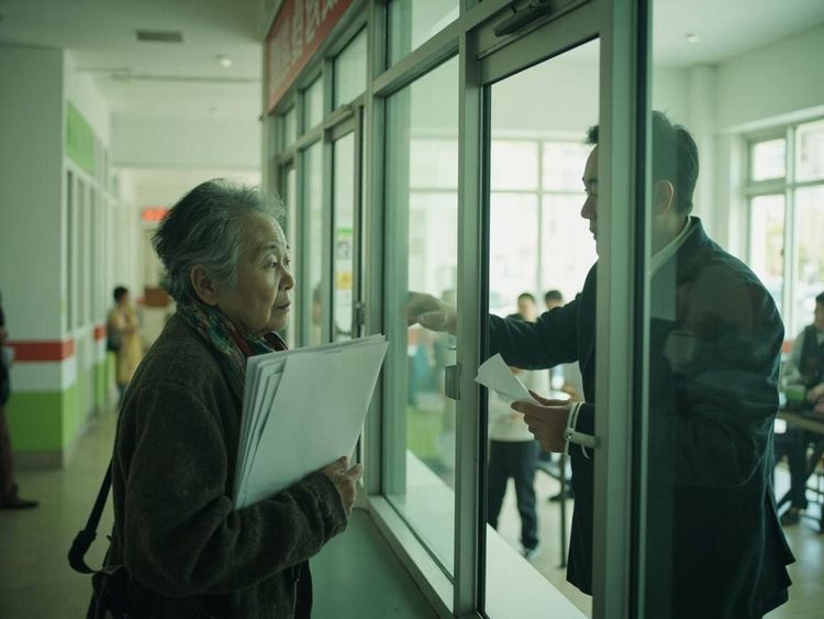 公共服务大厅的玻璃窗口前，一位系彩色围巾的老人接过工作人员递来的单据