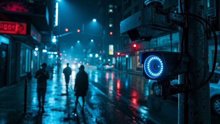 夜间美国城市街头的监控摄像头与警察巡逻车的灯光