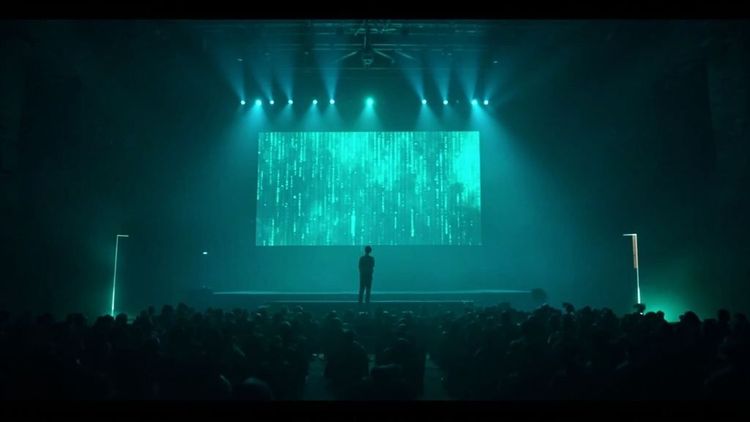 GEEKCON 2026 上海站闭幕式：冷蓝绿灯光下，一个孤身站在巨大数据流屏幕前的人影，台下是一片昏暗的观众席
