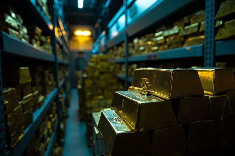金库中层层堆叠的黄金条，冷光勾出每一条边缘