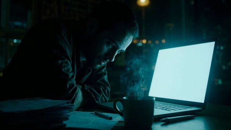 深夜书桌前的笔记本电脑，屏幕泛着冷光，桌上散落着纸张