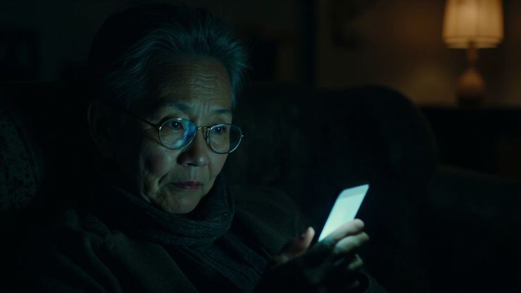 深夜的客厅，母亲坐在沙发上盯着手机屏幕