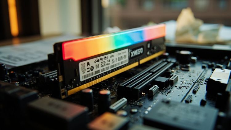 一台 DIY 主机主板上的 RGB 内存条，旁边散落着购物小票和美元现金