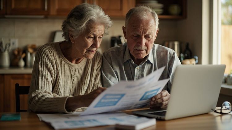一对 65+ 美国夫妇在厨房桌上用笔记本电脑比价 Medicare Advantage 计划