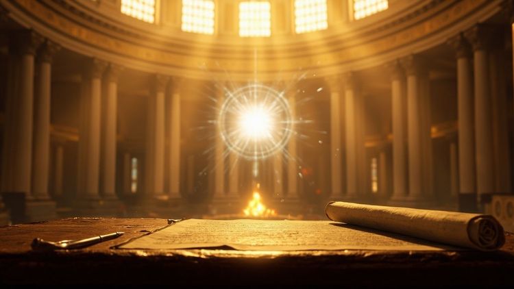 Vatican City — St. Peter's Basilica dome bathed in late afternoon golden light, an old wooden altar in the foreground with a quill and an unrolled manuscript, a translucent silhouette of a glowing AI chip superimposed behind the altar, Renaissance painting style, soft chiaroscuro lighting, cinematic composition