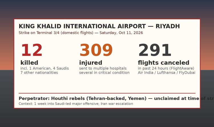 封面图：利雅得 King Khalid 国际机场袭击现场 — 12 死 / 309 伤 / 291 航班取消