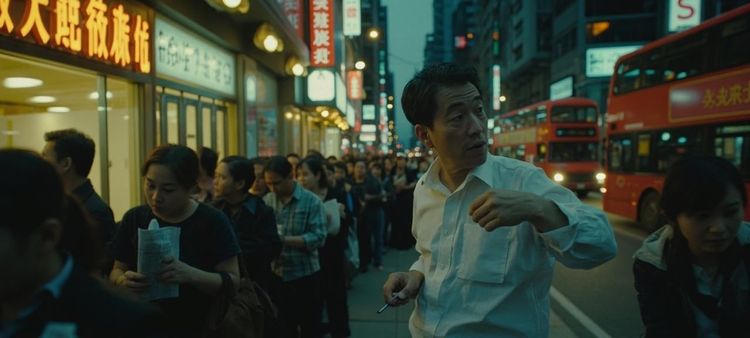 黄昏时分的商业街街道，一辆红色双层巴士驶过，路边排着一队等待考试的人