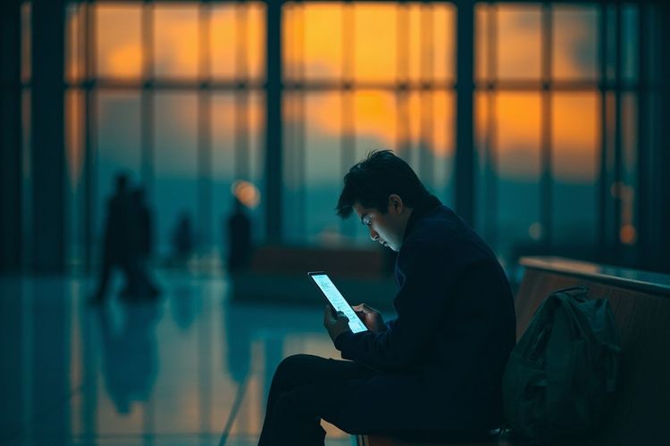 黄昏的校园中庭里，一个毕业生独自坐着看平板