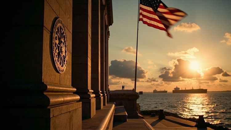Treasury building facade with US flag, official seal, sunlight reflection