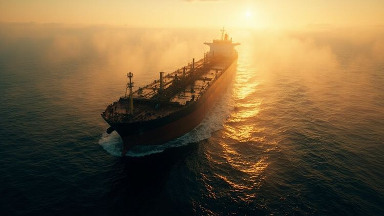 Oil tanker ship at sunset on sea, crude oil shipping concept