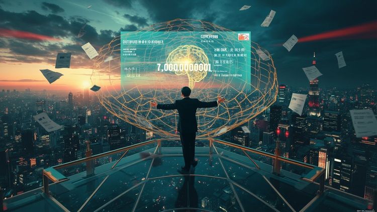 封面：东京金融区上空漂浮着 100 亿美元的支票，老人撒网捕捞发光 AI 大脑