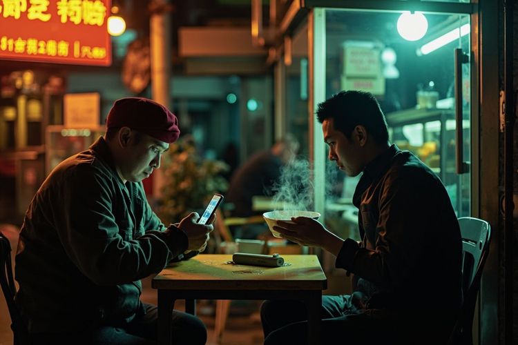 两位三十多岁前西贝员工在街边小吃摊坐着，其中一人正用手机算经济补偿金，另一人端着一碗热气腾腾的面条