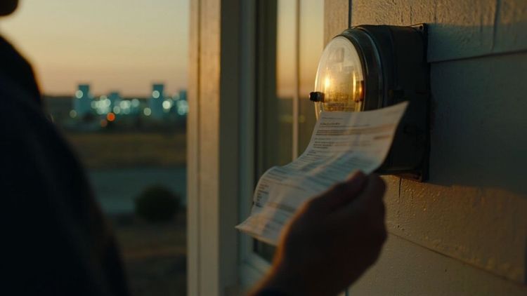 A photo of an American homeowner's hand holding an electricity bill next to a smart meter, a row of distant glowing data center buildings visible through the window, dusk light
