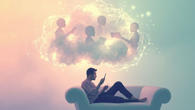 AI 在云端默默替你打电话谈账单的图示：你坐在沙发上，AI 替你谈判