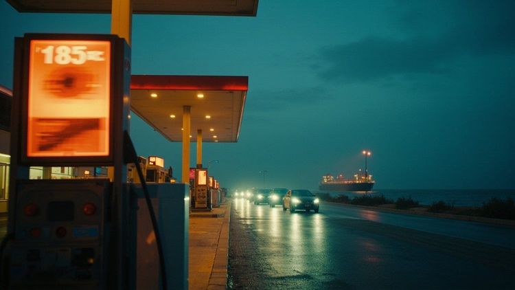 夜晚的加油站前，排队的车亮着灯，远处海平线上是油轮的剪影