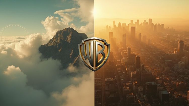 派拉蒙山标志与华纳兄弟盾牌在洛杉矶金色天空下融合为 Skydance 标识