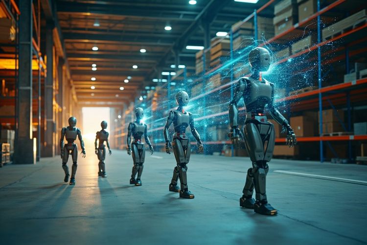物理 AI 概念图：机器人在仓库中学习工作