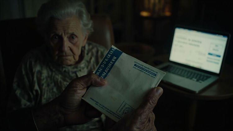 A close-up of an elderly person's weathered hand holding an envelope from the Social Security Administration, a laptop screen in the background showing a