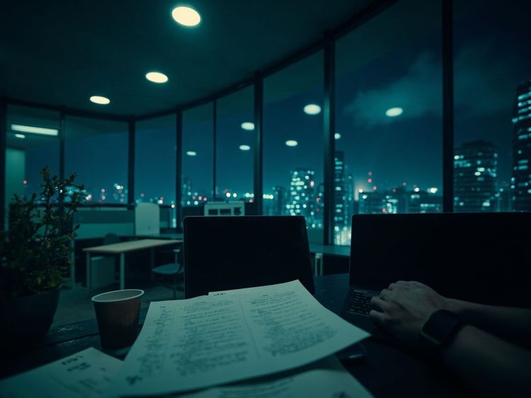 深夜的办公室，只剩几盏灯还亮着