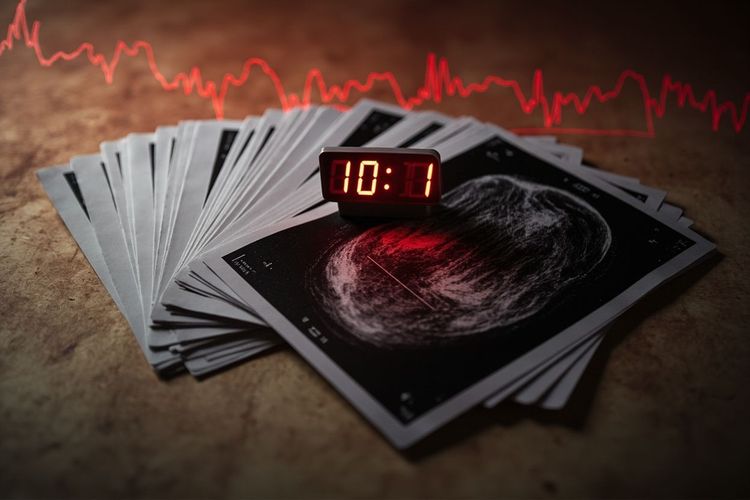 Body 1: 63 张灰度心电图/超声报告像一副牌一样扇形散开,顶端一个红色 LED 倒计时定格在「11」,每一张报告上都有一个红色「NORMAL」橡皮章 — 整体为羊皮纸 + 深红 + 墨黑配色,体现「11 秒签掉 63 张」这一指控细节